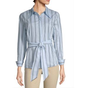 Worthington Womens Blue Striped Tie Waist Blouse Size Small